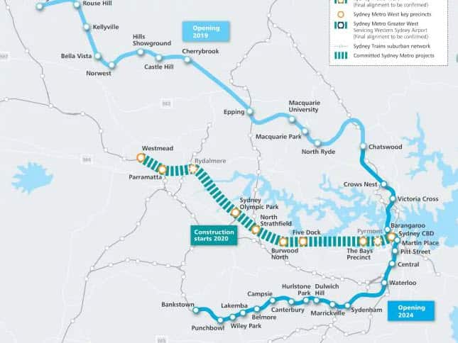 The map of proposed Sydney Metro West rail line.