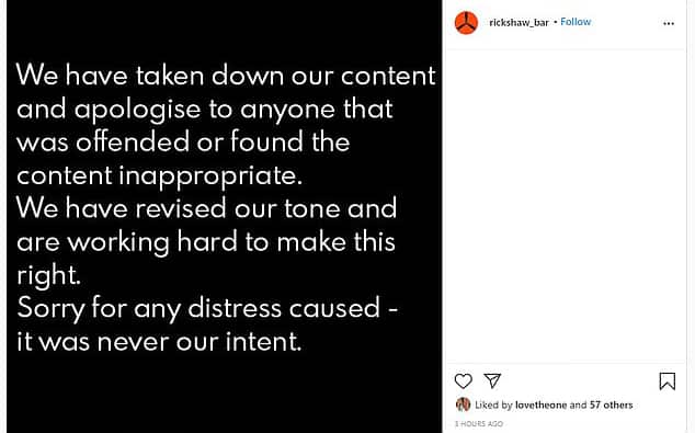 Rickshaw Bar has issued an apology on their social media.