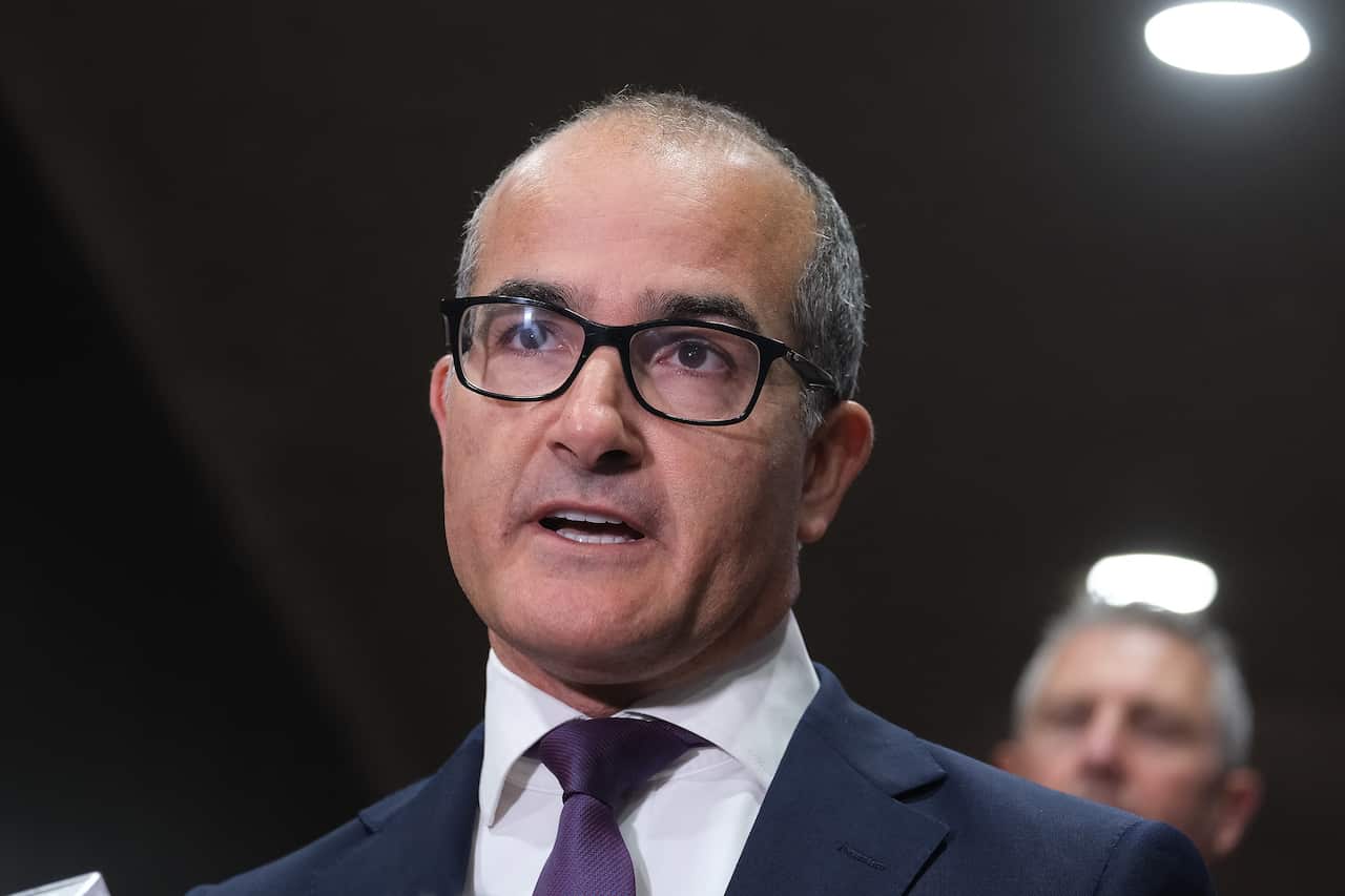 Victorian Acting Premier James Merlino speaks to the media during a press conference in Melbourne, Monday, May 4, 2021. (AAP Image/Luis Ascui) NO ARCHIVING