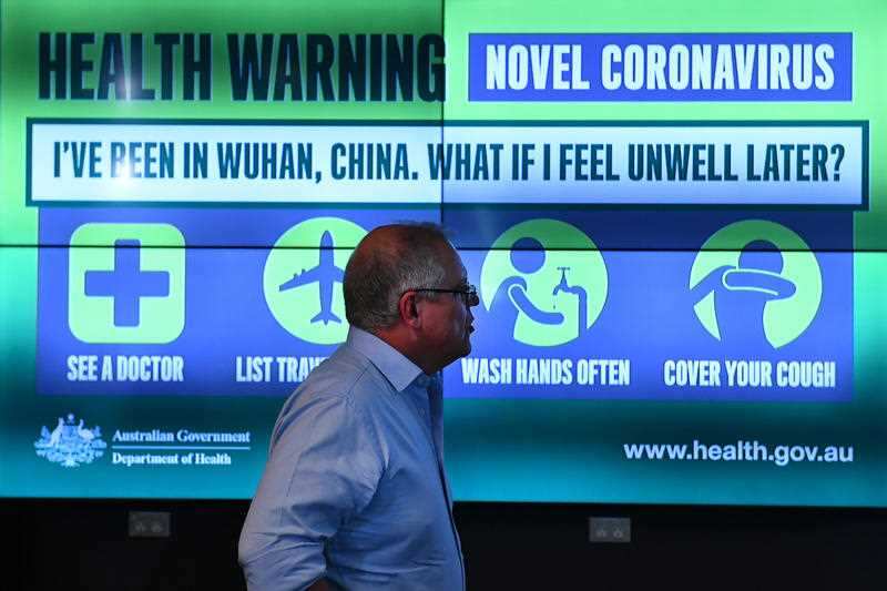 Prime Minister Scott Morrison at the National Incident Room of the Department of Health in Canberra