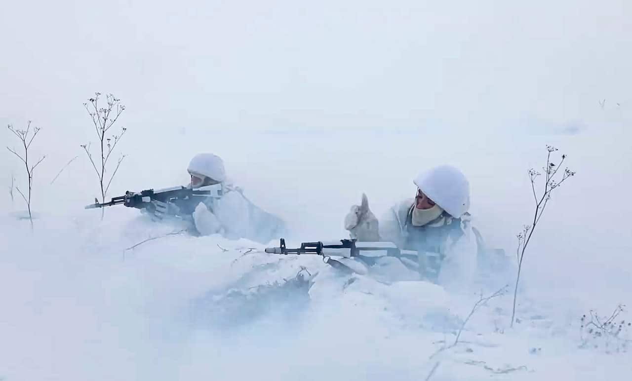 In this image taken from video and released by the Russian Defense Ministry Press Service, Russian soldiers attend military training.