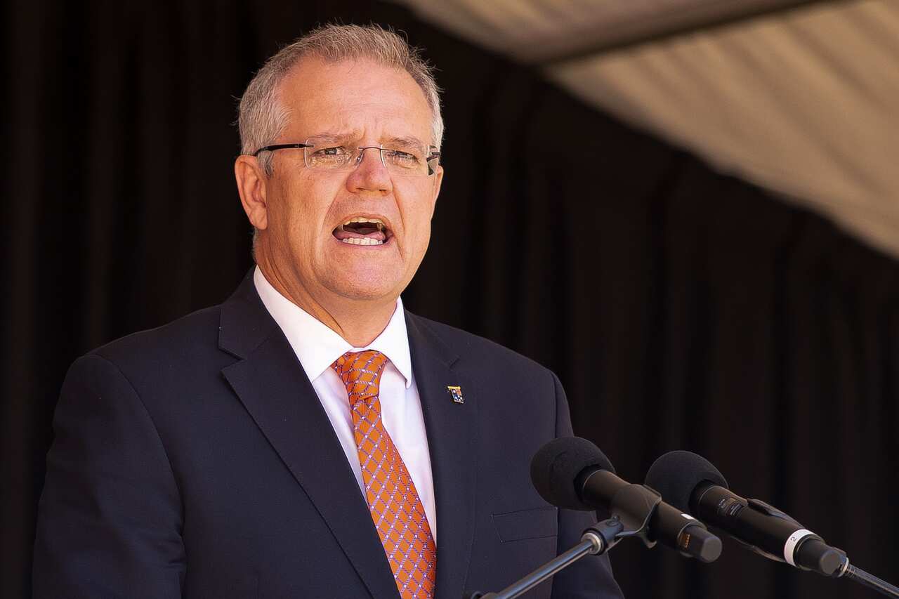 Prime Minister Scott Morrison speaks during the Whyalla Big Reveal at Ada Ryan Gardens, Whyalla, South Australia, Monday, December 10, 2018.