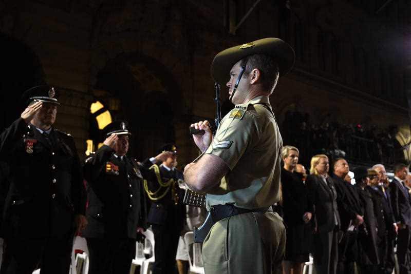 A member of the catafalque party stands at attention during the Anzac Day dawn service in Sydney, Monday, April 25, 2016. 