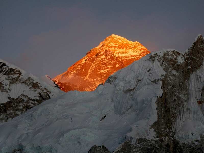 Everest is seen from the way to Kalapatthar in Nepal