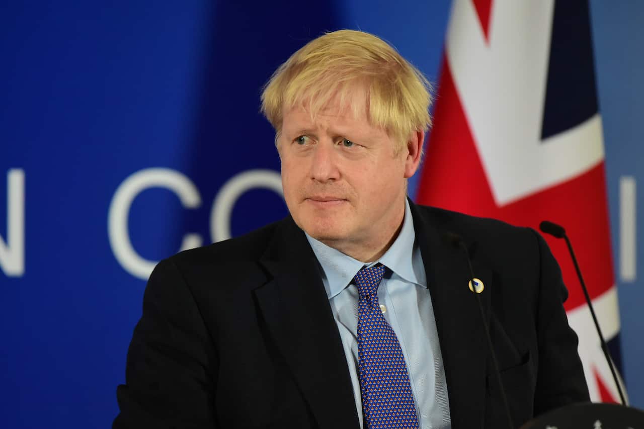 British Prime Minister Boris Johnson speaks at a press conference during the European Council Meeting.