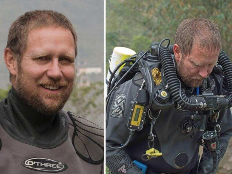 A composite image of Richard Harris wearing diving gear.