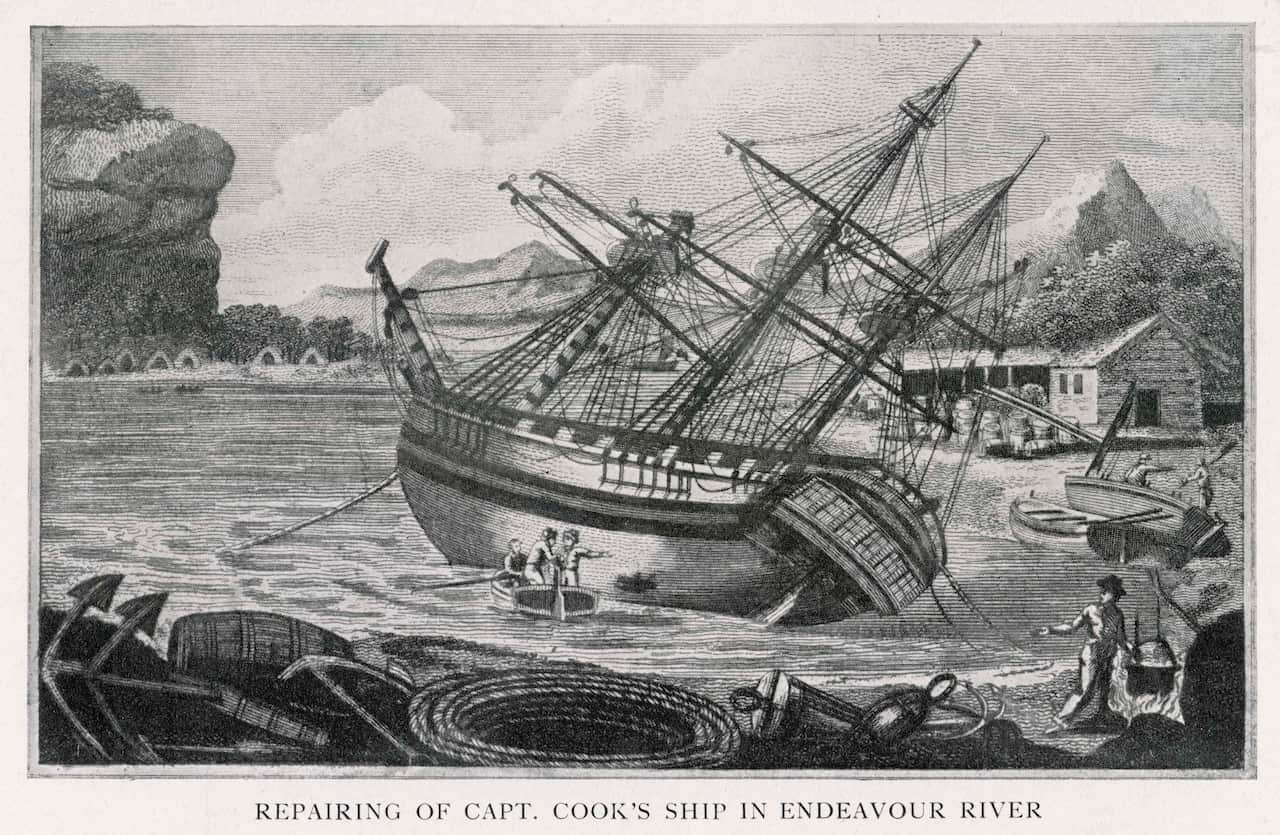 Repairs being carried out on Cook's ship the Endeavour. Date: circa 1770