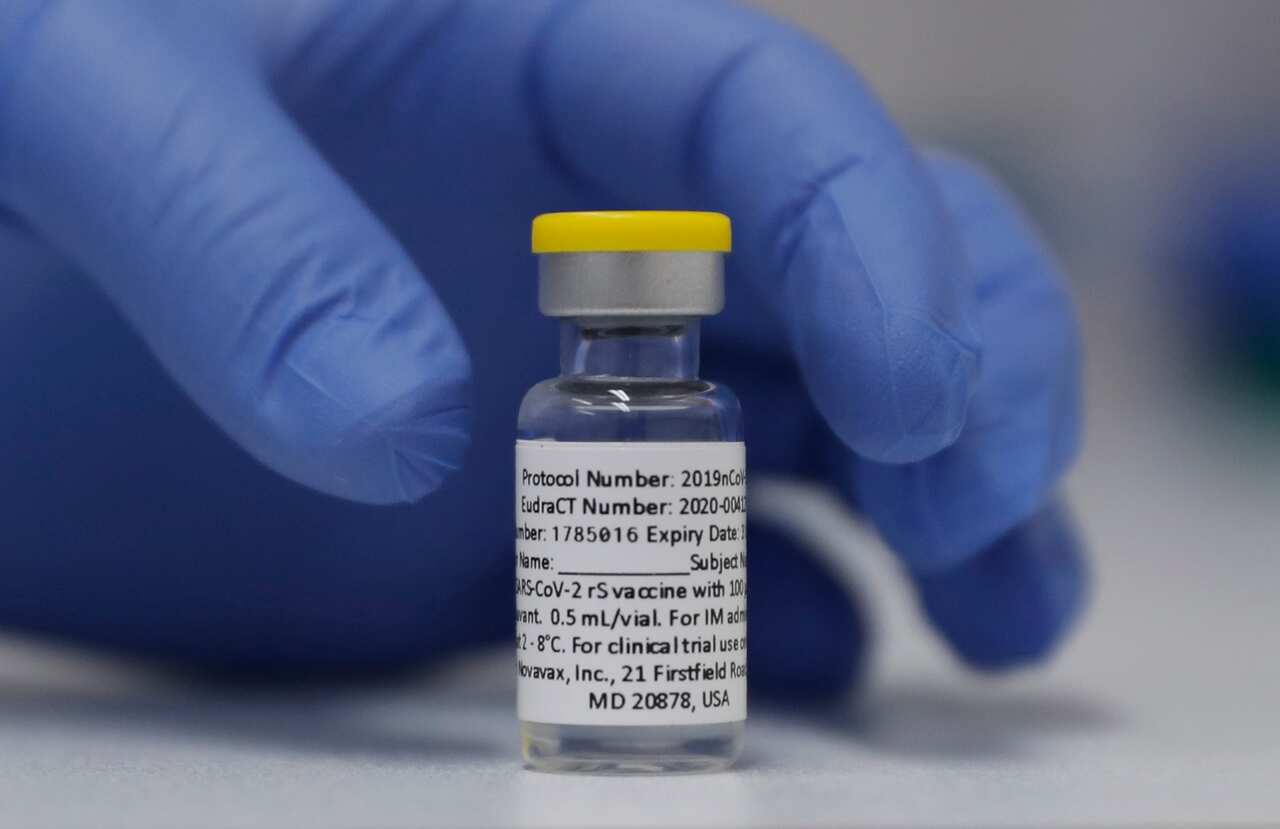 A vial of the Phase 3 Novavax vaccine is seen ready for use in a trial at St. George's University hospital in London October 7, 2020. 