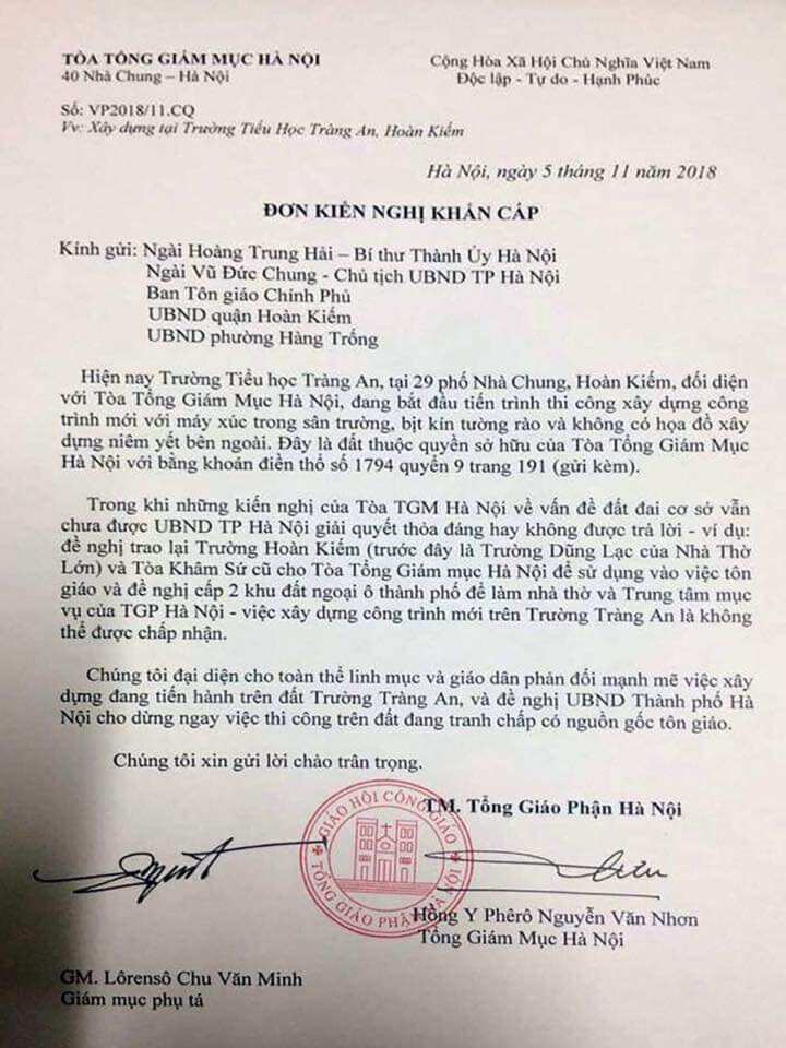 Đơn kiến nghị của Tổng Giáo phận Hà nội ngày 5/11/2018 phản đối việc chính quyền xây dựng công trình trái phép