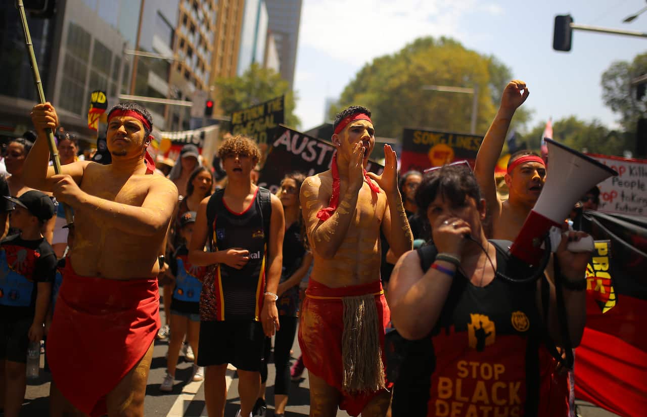 Protesters during the 2020 'Invasion Day' rally in Sydney