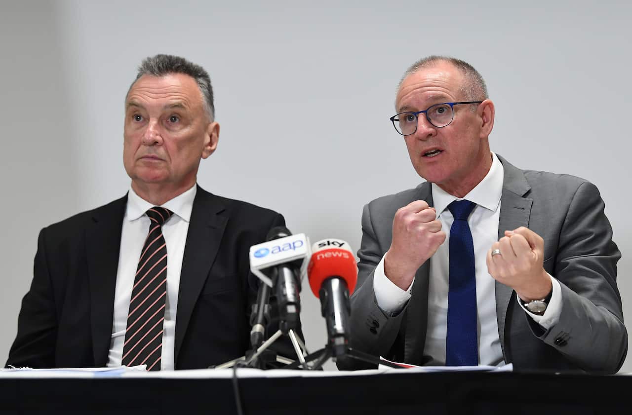 Craig Emerson (left) and Jay Weatherill speak at the release of Labor federal election campaign review.