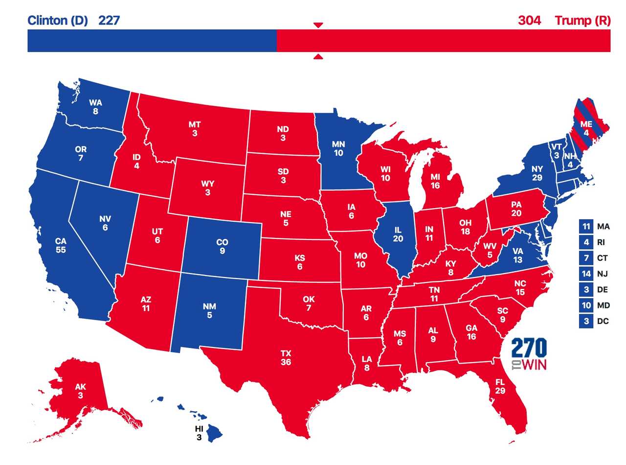 Map showing the electoral votes of US states and how they voted in 2016.