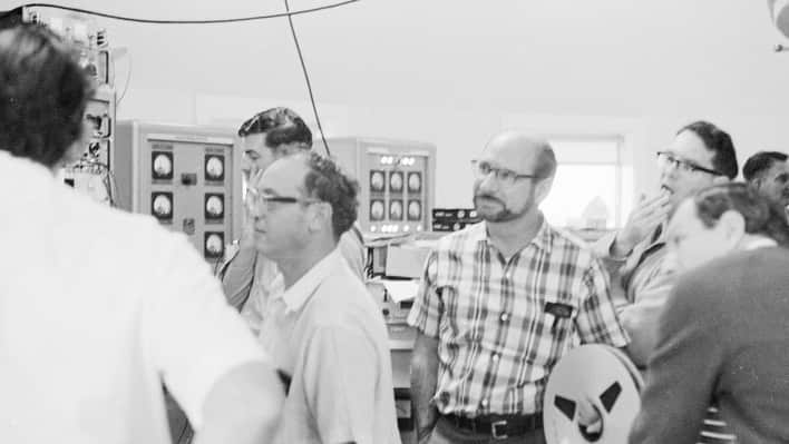 David Cooke (right) watching the moon walk