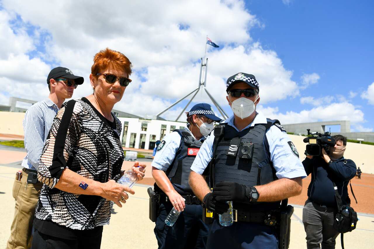 One Nation Senator Pauline Hanson is seen at a Convoy to Canberra protest outside Parliament House in Canberra, Saturday, 12 February, 2022. 