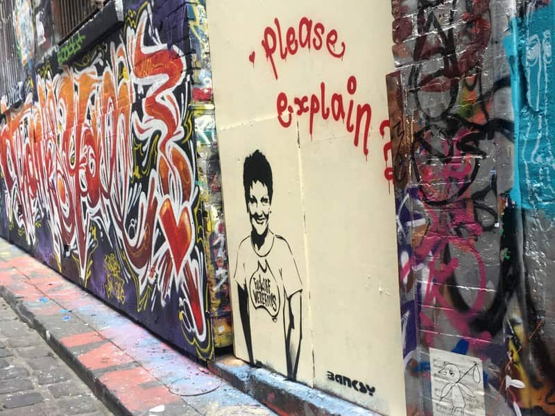 A piece of stencil art depicting Pauline Hanson in Hosier Lane