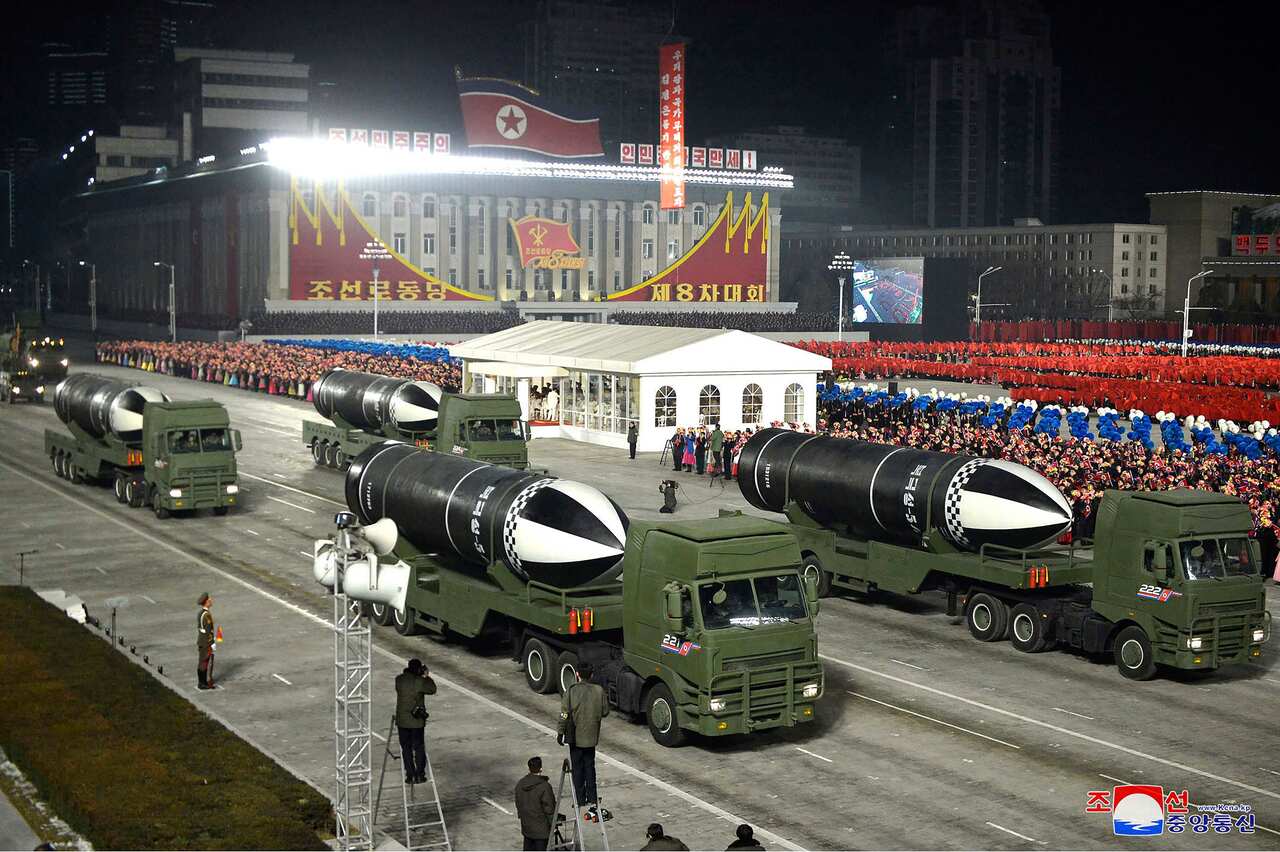 Missiles are displayed during a military parade marking the ruling party congress