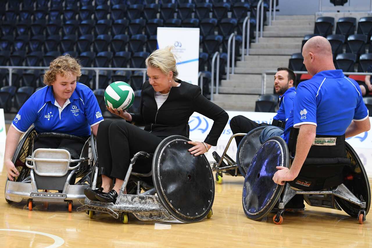Senator Bridget McKenzie plays a game of Wheelchair Rugby with Paralympic athletes.