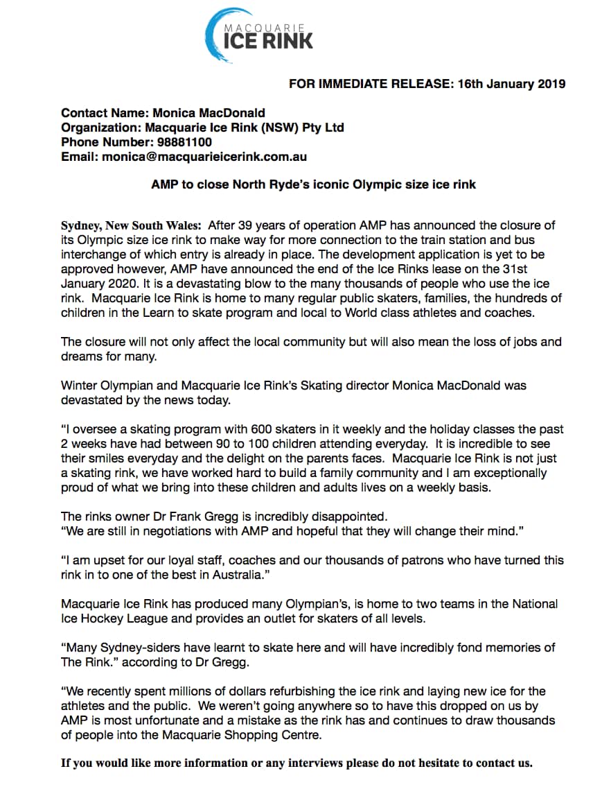 Macquarie Ice Rink closure