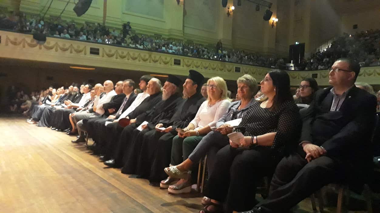 Archbishop Makarios of Australia, Bishop Ezekiel of Dervi, and Greek Community of Melbourne's president Bill Papastergiadis, between the guests. 