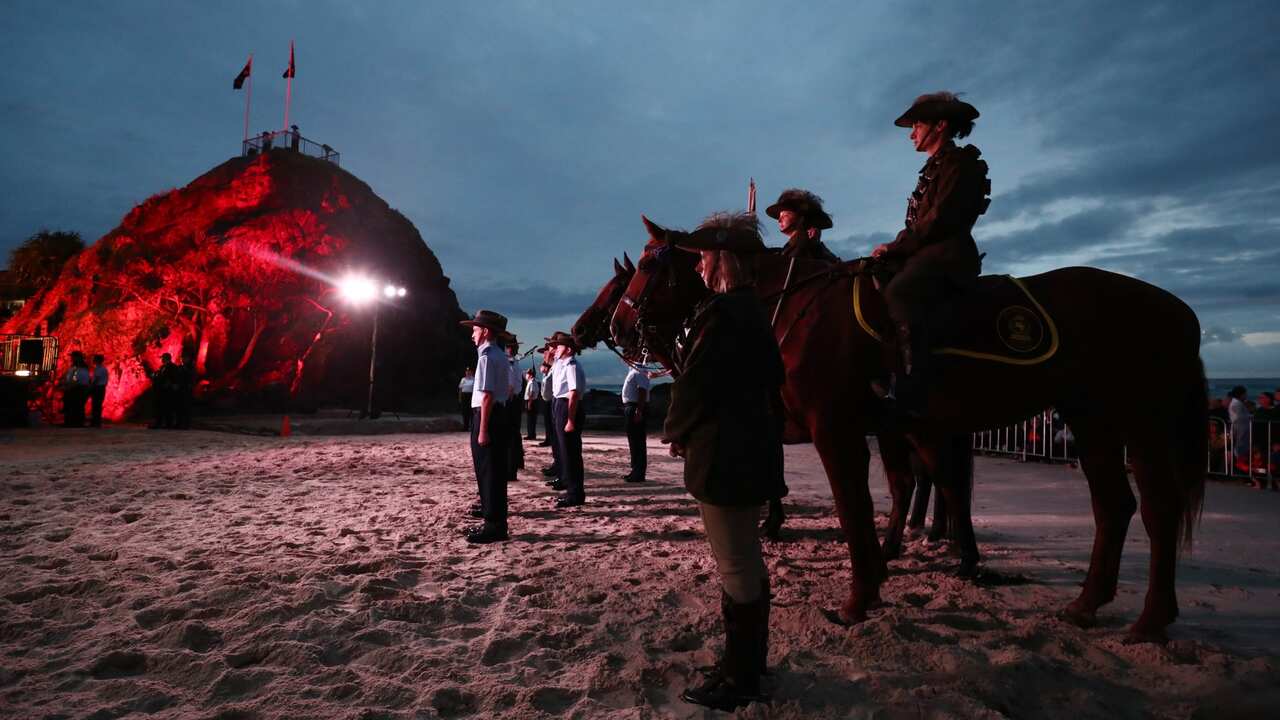 CURRUMBIN, AUSTRALIA - APRIL 25: Members of the Mudgeeraba light horse troop take part in the ANZAC dawn service on April 25, 2018 in Currumbin, Australia.
