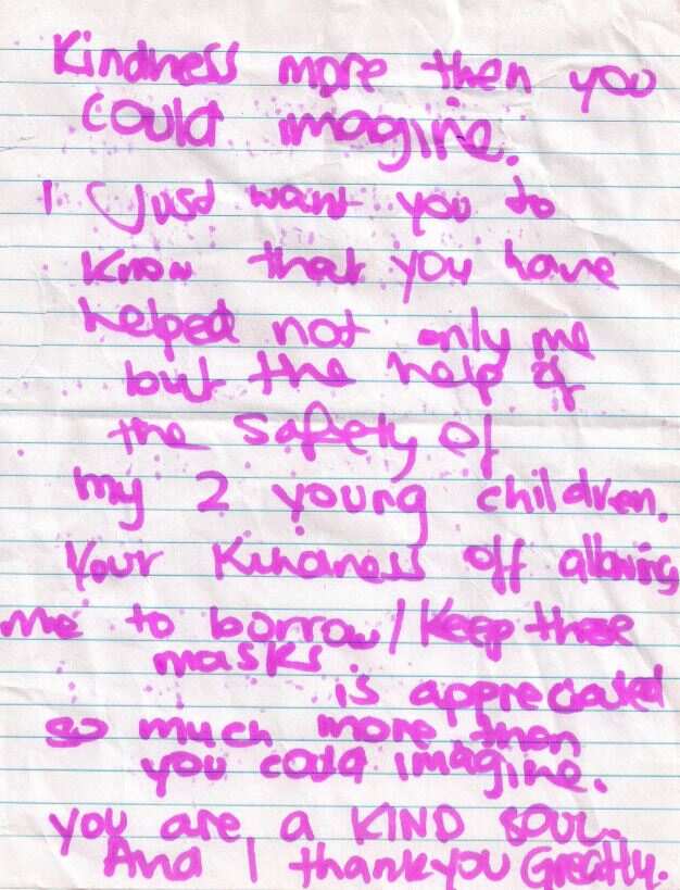 A letter from the young mother who received two masks from Henry Li