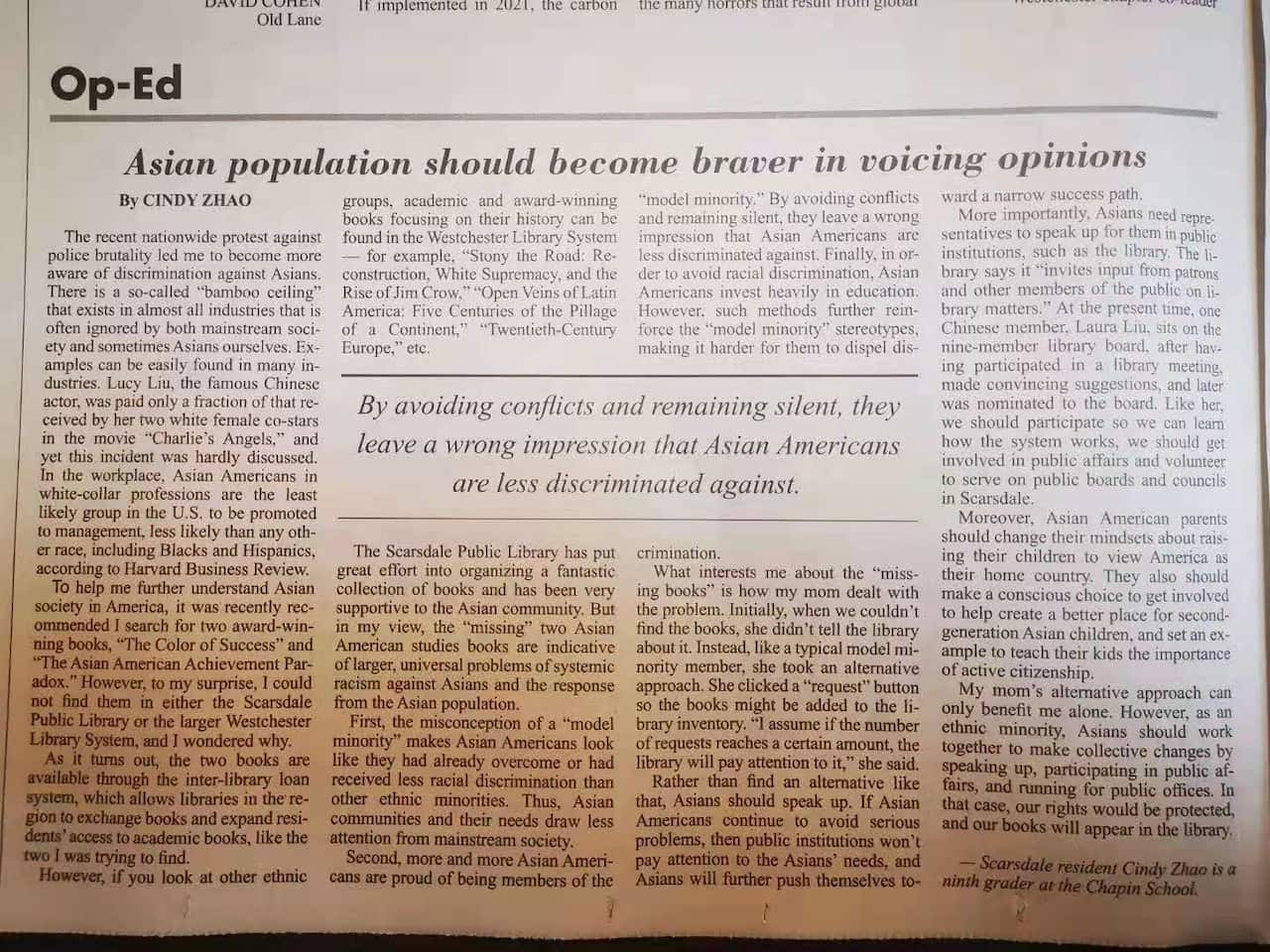 纽约华人15岁少女Cindy Zhao呼吁亚裔要更勇敢地发声