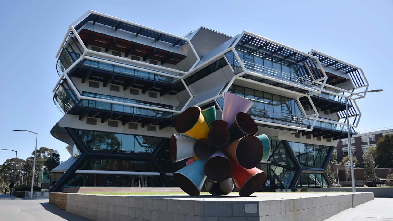 Green Chemical Futures Building_Monash University, Clayton.  Chemistry teaching and Research Building at Monash University. Architect: Lyons 2015  Scupture - Built Unbuilt Unbuildable : James Angus. Commissioned by the Monash University Museum of Art (MUM