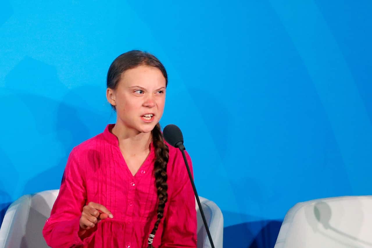 Environmental activist Greta Thunberg, of Sweden, addresses the Climate Action Summit in the United Nations General Assembly