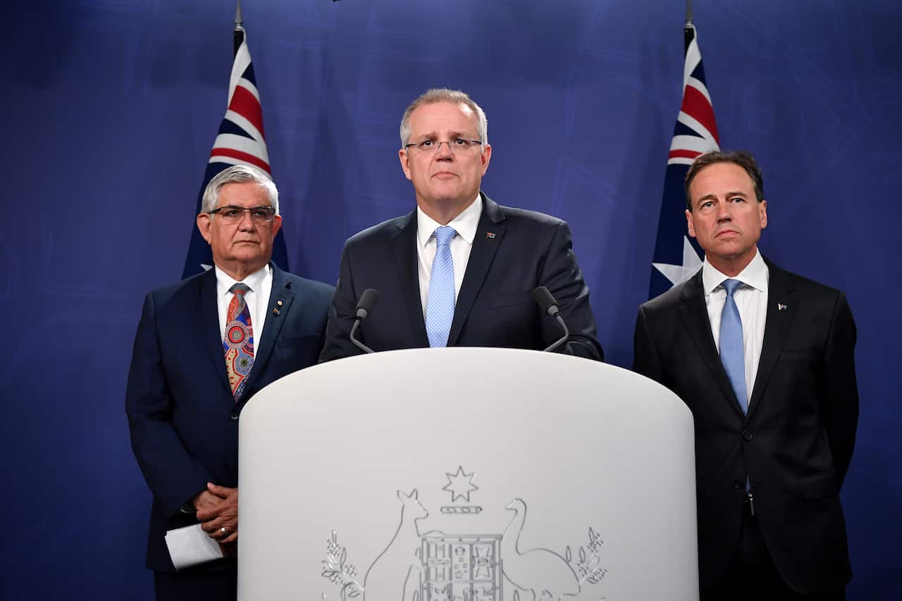 Minister for Aged Care Ken Wyatt, Prime Minister Scott Morrison and Minister for Health Greg Hunt outline the aged care royal commission.