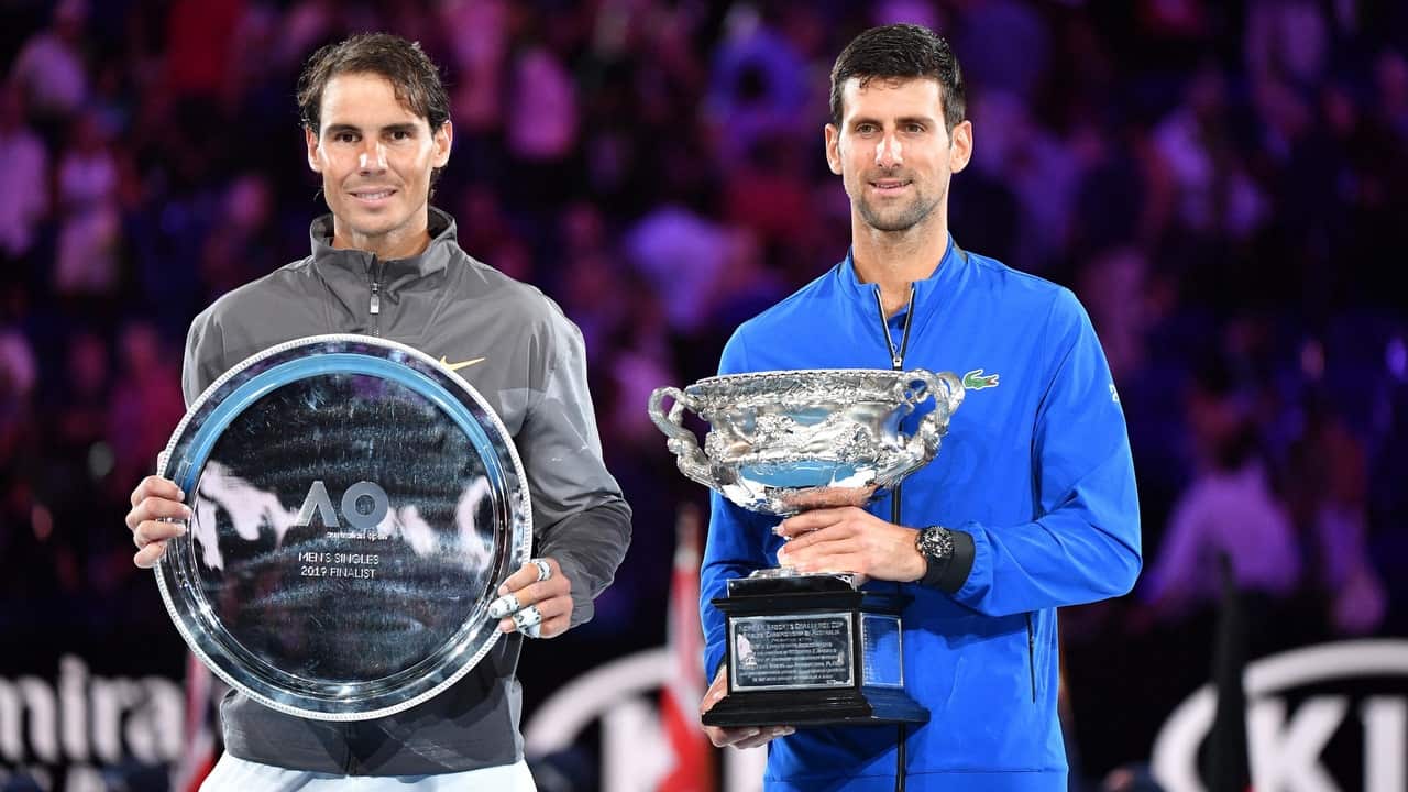 Rafael Nadal of Spain and Novak Djokovic of Serbia at the trophy presentation.