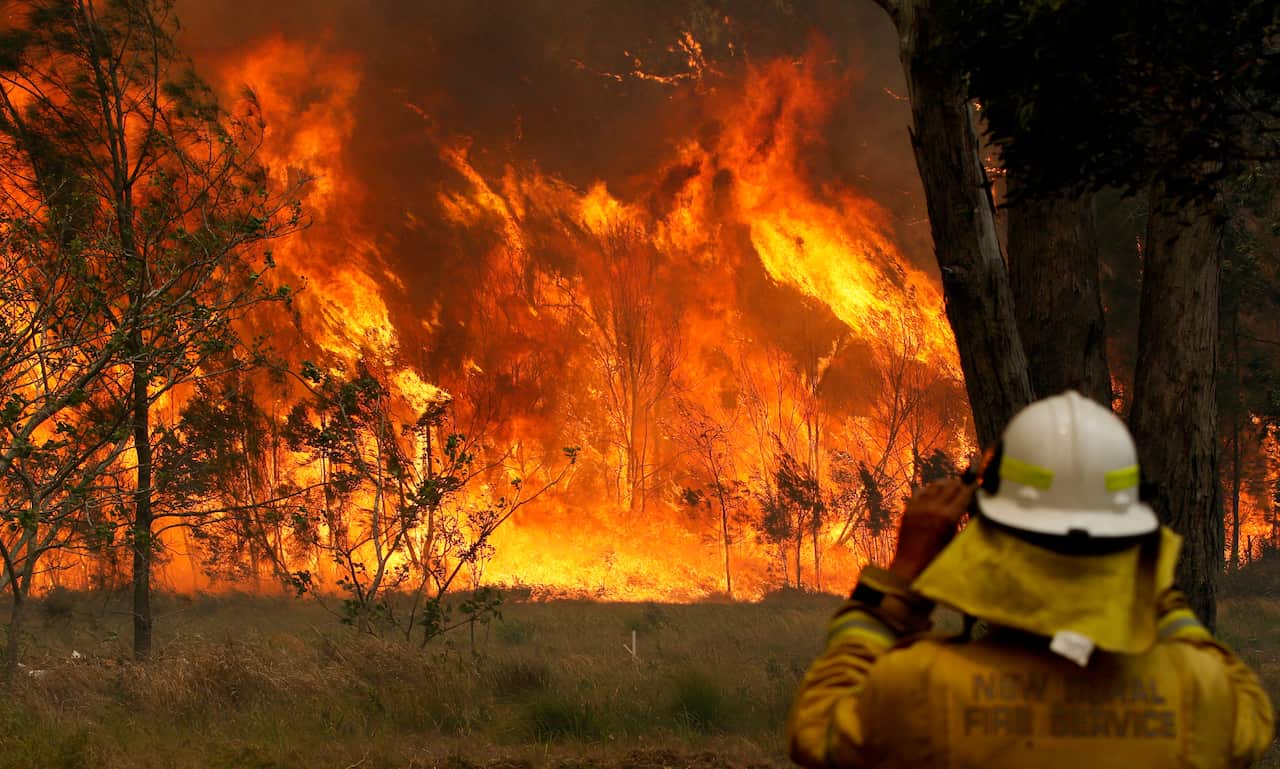 A firefighter on property protection watches the progress of bushfires in Old Bar, NSW, Saturday, November 9, 2019. 