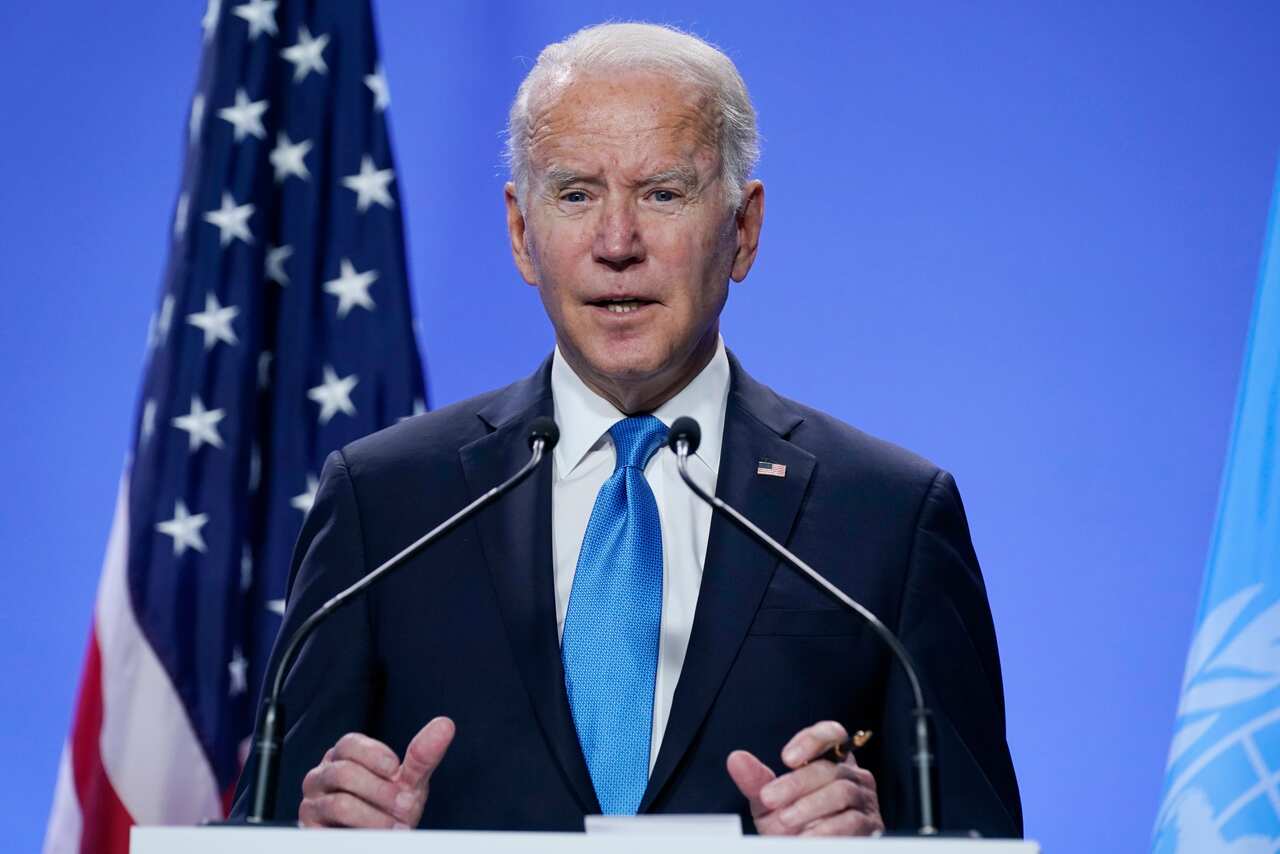 President Joe Biden speaks during a news conference at the COP26 UN Climate Summit on 2 November 2021.