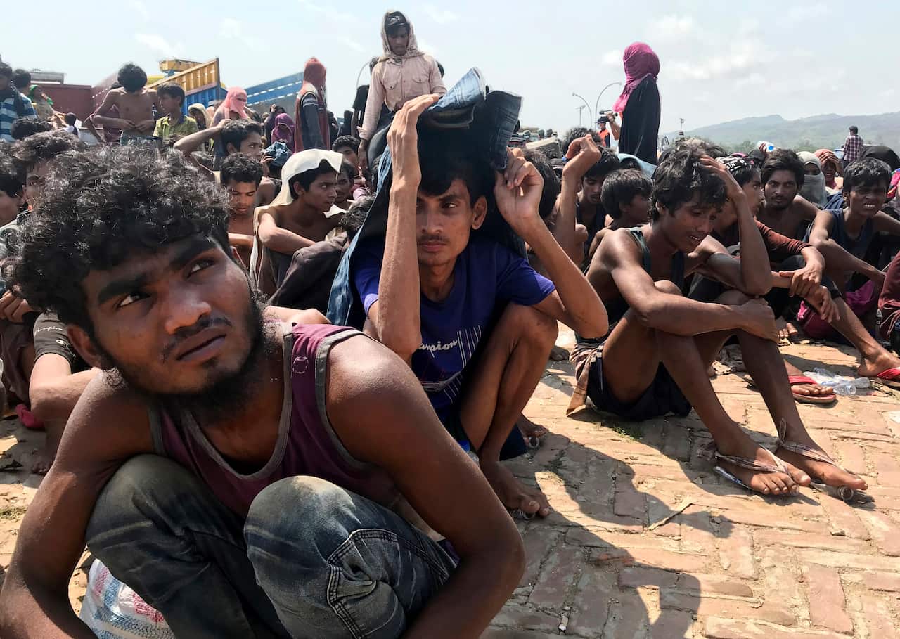 Rohingya refugees gather in Teknaf near Cox's Bazar, Bangladesh.