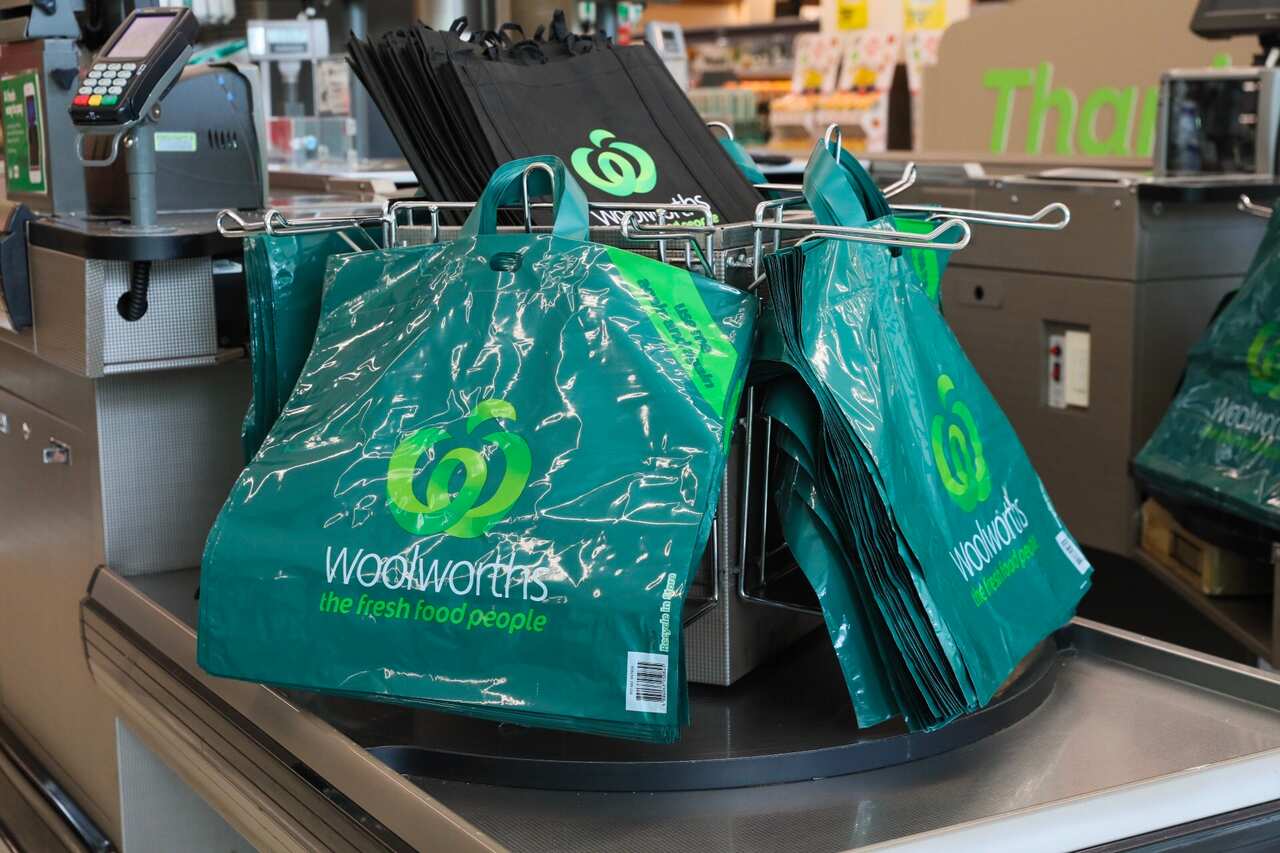A supplied image obtained Friday, July 14, 2017 of plastic bags inside a Woolworths shopping centre.