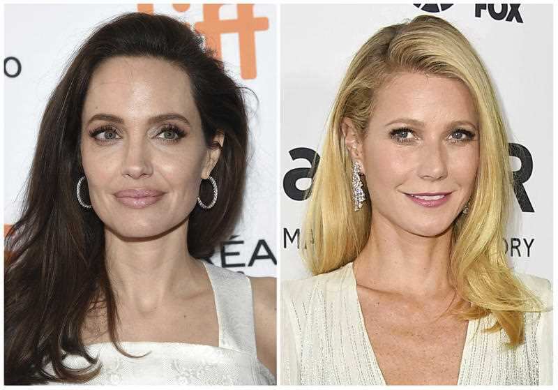 This combination photo shows actresses Angelina Jolie at a premiere for "The Breadwinner" at the Toronto International Film Festival on Sept. 10, 2017, left, and Gwyneth Paltrow arrives at the amfAR Inspiration Gala in Los Angeles on Oct. 29, 2015.