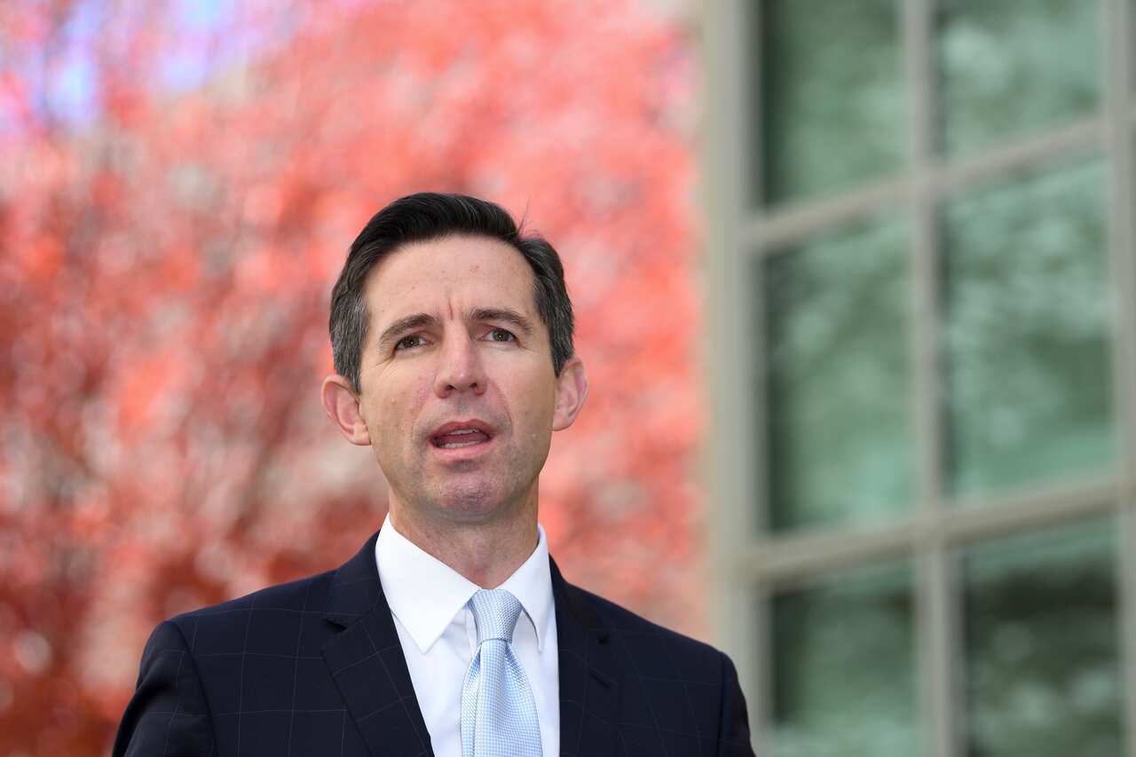 Trade Minister Simon Birmingham speaks during a press conference at Parliament House in Canberra.