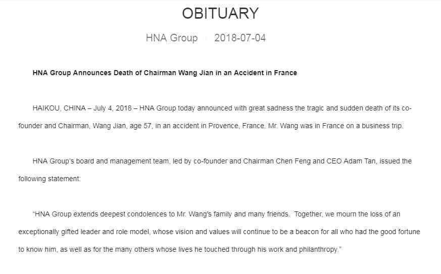 Obituary from HNA Group about Wang Jian's death.