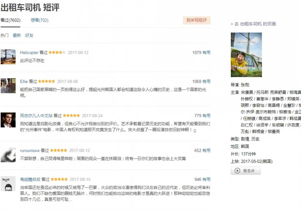 《逆權司機》短評全被刪除。