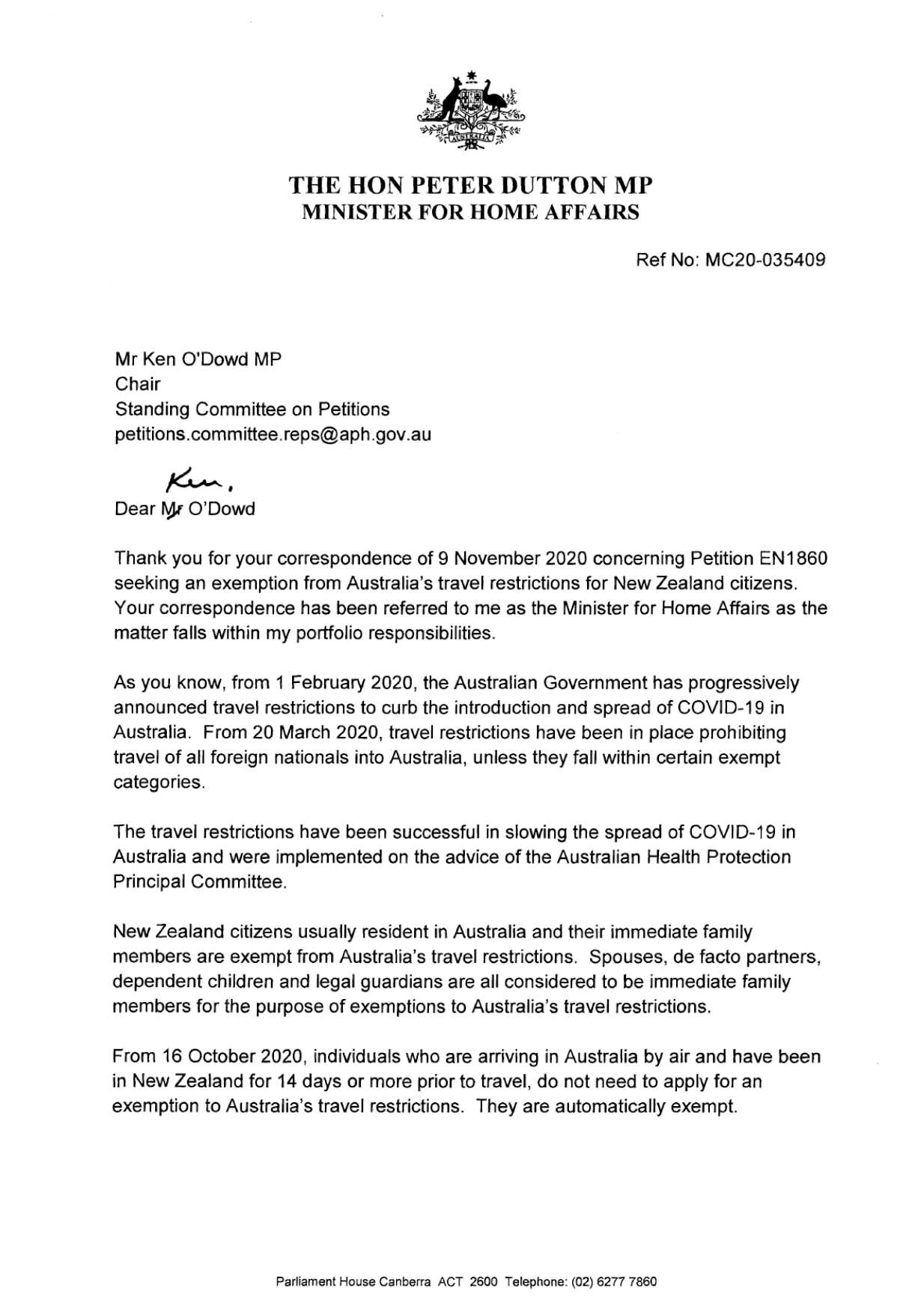 Mr Dutton's respond appeared to reference a different petition.