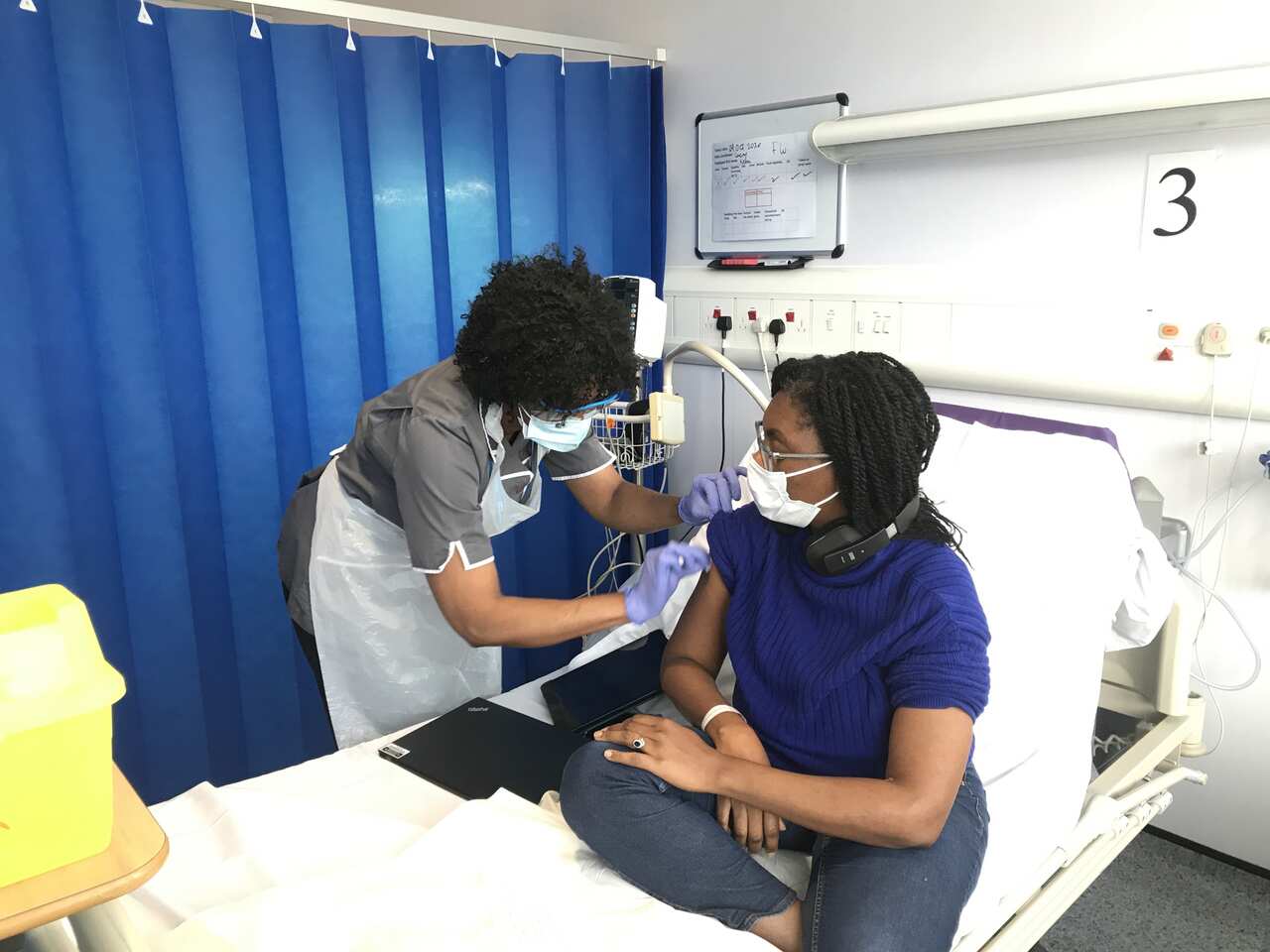 UK Minister for Equalities, Kemi Badenoch, receiving her first vaccination as part of the Novavax phase 3 trial.