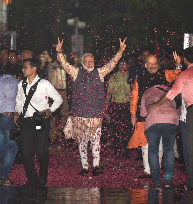 Prime Minister Narendra Modi celebrates
