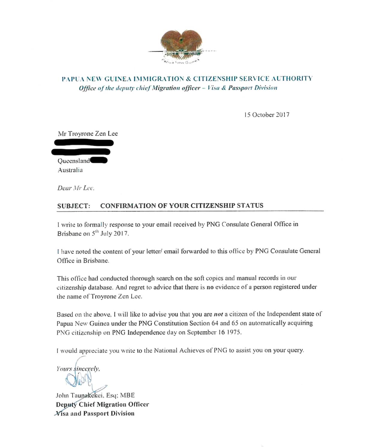 Letter from PNG Government confirm Mr Lee is not a citizen.