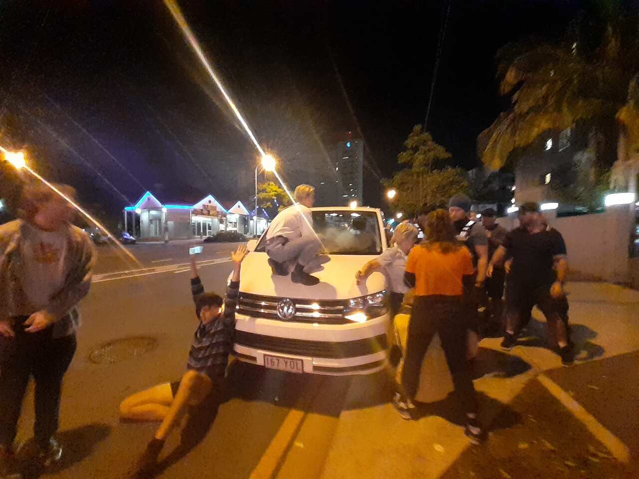 Protesters outside Kangaroo Point hotel in Brisbane.