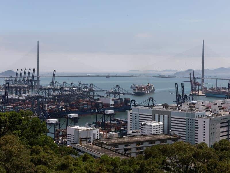 Container ships berthed in Hong Kong