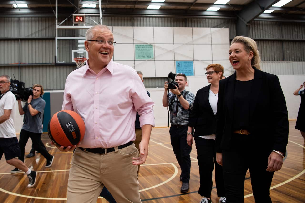 Prime Minister Scott Morrison is seen with cabinet minister Bridget McKenzie at Penrith Valley Regional Sports Centre.