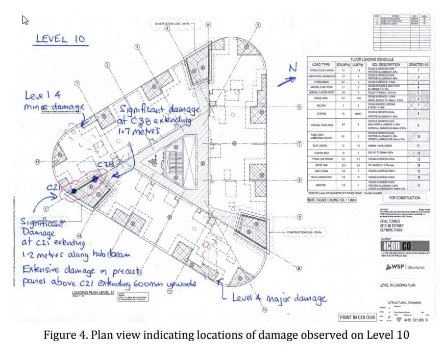 Plan view indicating locations of damage observed on Level 10 of the Opal Tower.
