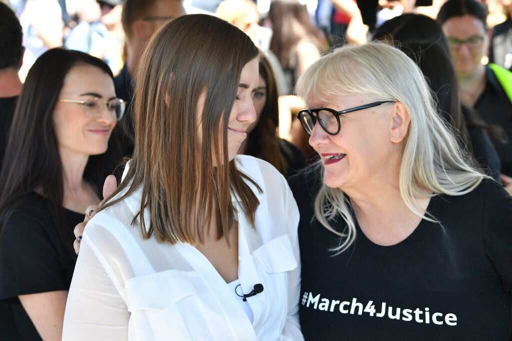 Brittany Higgins is pictured with Women's March 4 Justice founder Janine Hendry. 