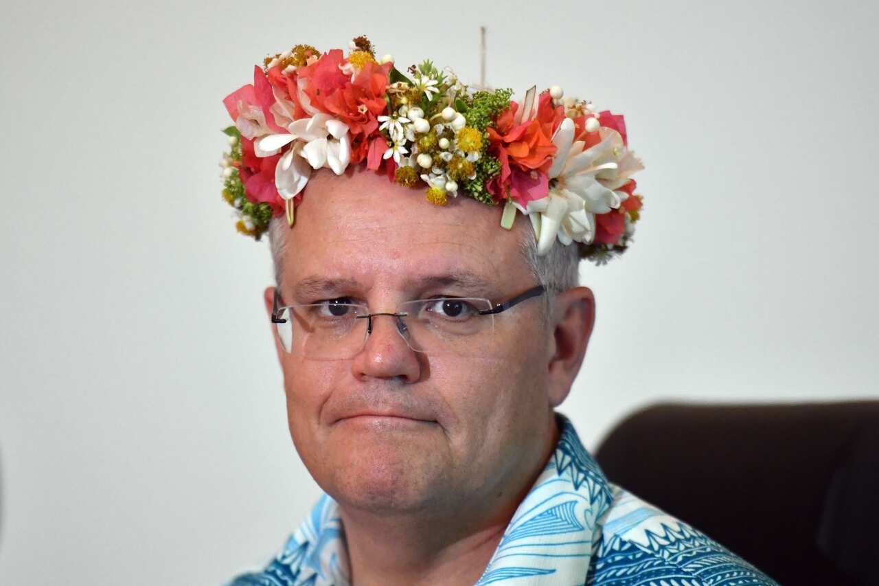 Australia's Prime Minister Scott Morrison at the Pacific Skills Portal Launch during the Pacific Islands Forum in Funafuti, Tuvalu.