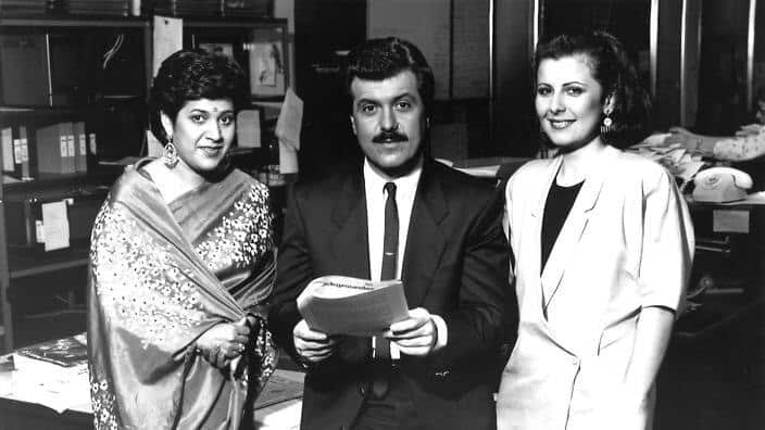 Former SBS TV news readers Kumud Merani, George Donikian, Mary Kostakidis. (SBS)