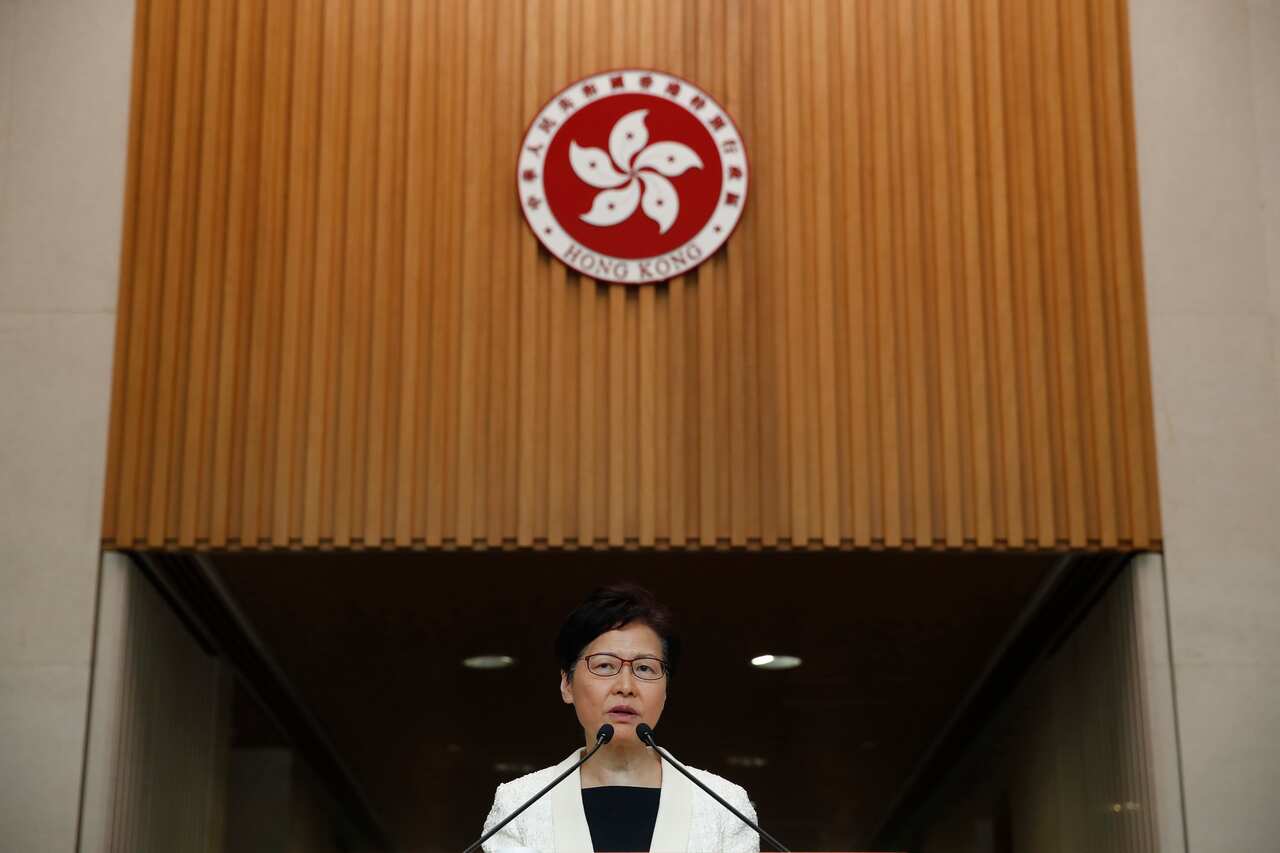 Hong Kong Chief Executive Carrie Lam speaks during a press conference in Hong Kong on Tuesday, Sept. 3, 2019. (AP Photo/Jae C. Hong)